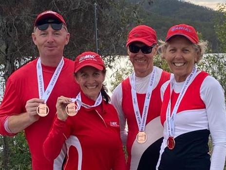 Richard McGrath (left) and Therese Clancy (middle left) have fallen in love with rowing, and are looking to build on their success at the National Championships in Sydney. Picture: Contributed