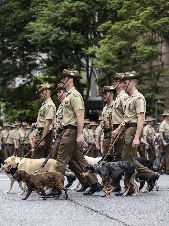 Members of the Australian Army make their way through the Brisbane city streets for the ANZAC Day parade. Picture: Matthew Poon