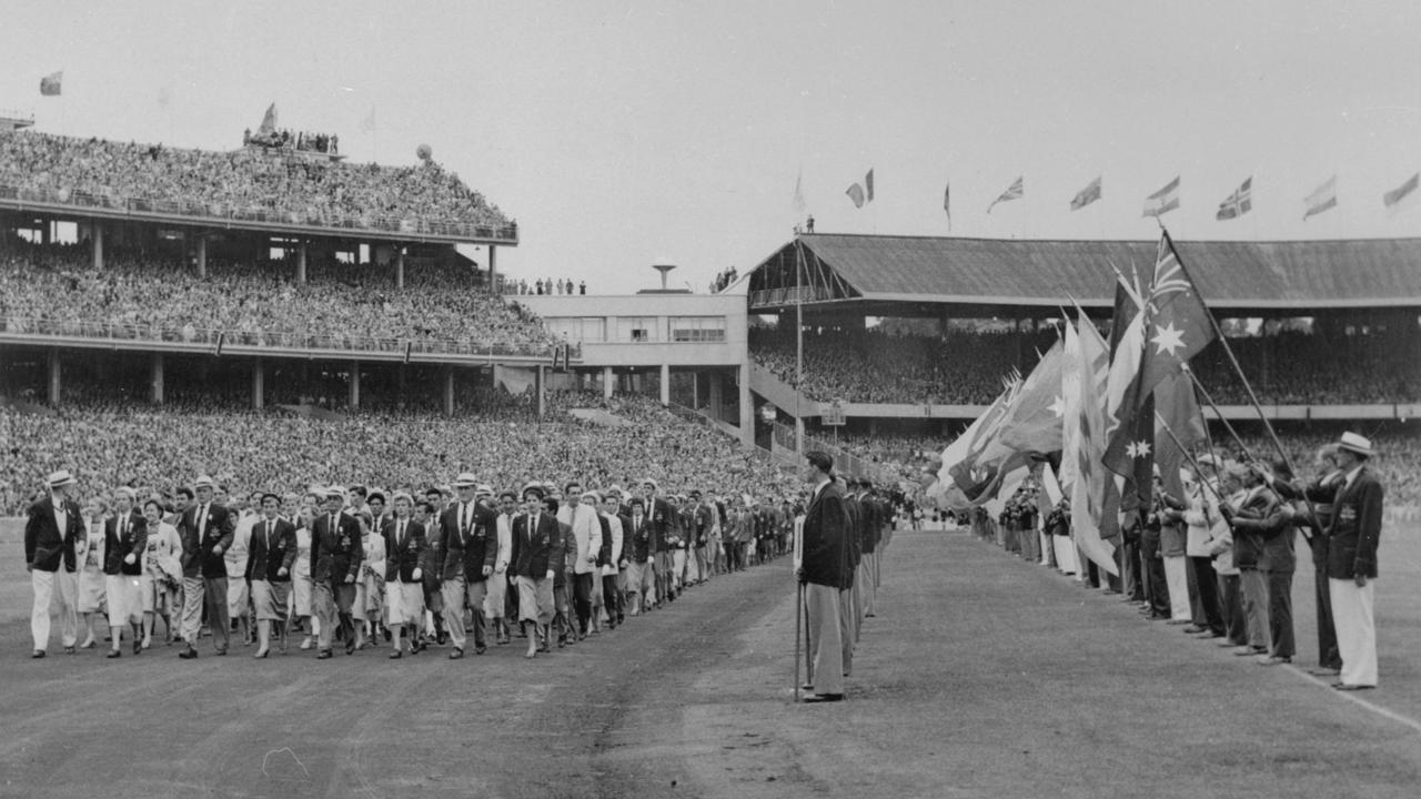 Athletes from all participating nations marching for first time at Closing Ceremony at the MCG, during Melbourne Olympic Games 08 Dec 1956. 1950s olympics /Olympic/Games/1956