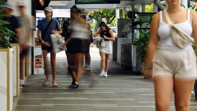 Tourists walk along the pedestrian friendly Esplanade Dining Precinct near the Crystalbrook Flynn hotel. The Cairns region’s GDP growth is higher than the state and national average. Picture: Brendan Radke