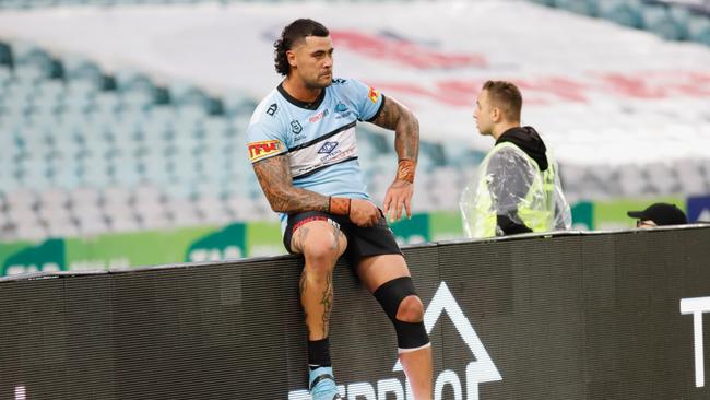 Exclusive for Buzz column on Sunday Tele Supplied: 19/3/20 caption: Cronulla's Andrew Fifita on the sidelines this week.