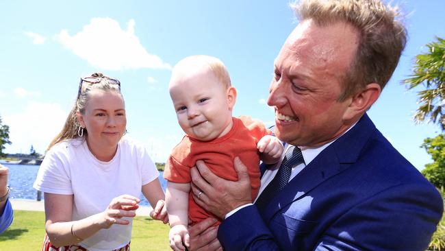 Premier Steven Miles meets Charli Fouhy and her six-month-old baby, Seamus. Picture: Adam Head