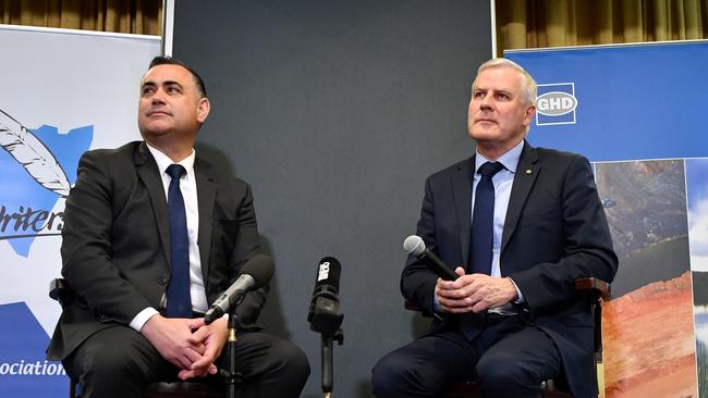 NSW Deputy Premier John Barilaro (left) and Deputy Prime Minister Michael McCormack t have buried the hatchet. Picture: AAP Image/Joel Carrett