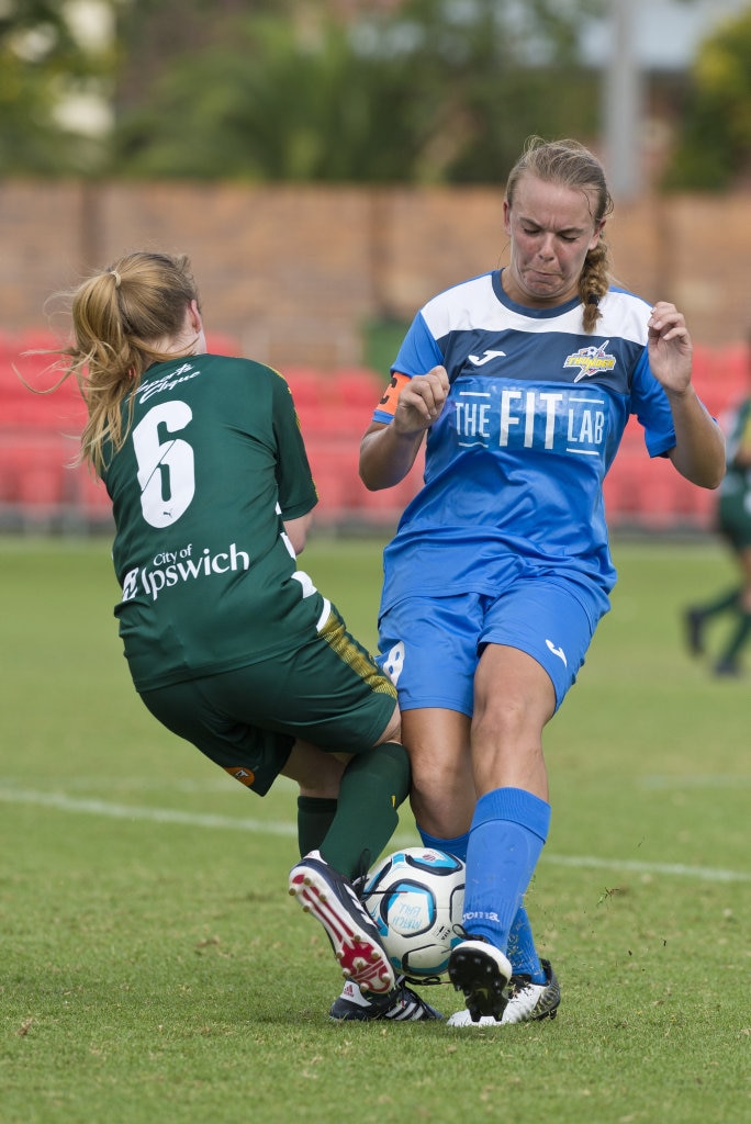 Jordie Franke of South West Queensland Thunder against Western Pride in NPLW Queensland round three football at Clive Berghofer Stadium, Saturday, March 2, 2019. Picture: Kevin Farmer