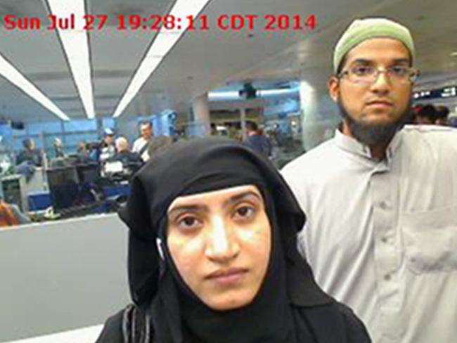 San Bernardino shooters ... Tashfeen Malik, left, and Syed Farook as they passed through O'Hare International Airport in Chicago on July 27, 2014. Picture: US Customs and Border Protection via AP