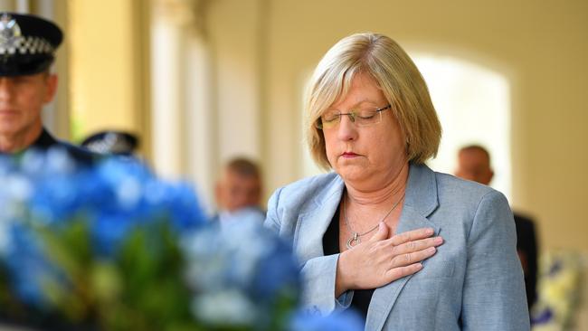 Victorian Police Minister Lisa Neville during a wreath laying ceremony to honour Constable Josh Prestney at the Airlie Conference Centre after the Eastern Freeway incident. Picture: James Ross