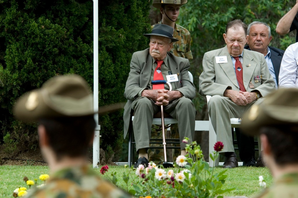 Diggers Bert Miles (left) and Kev Olsen at the 70th anniversary of the 25th battalion's march from Cabarlah barracks to Spring Bluff Railway Station, Saturday, March 17, 2012. Photo Kevin Farmer / The Chronicle. Picture: Kevin Farmer