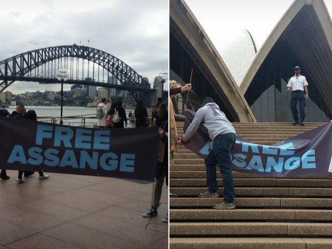 Security moving on supporters of Australian whistleblower Julian Assange from the steps of the Sydney Opera House. Picture: AAP