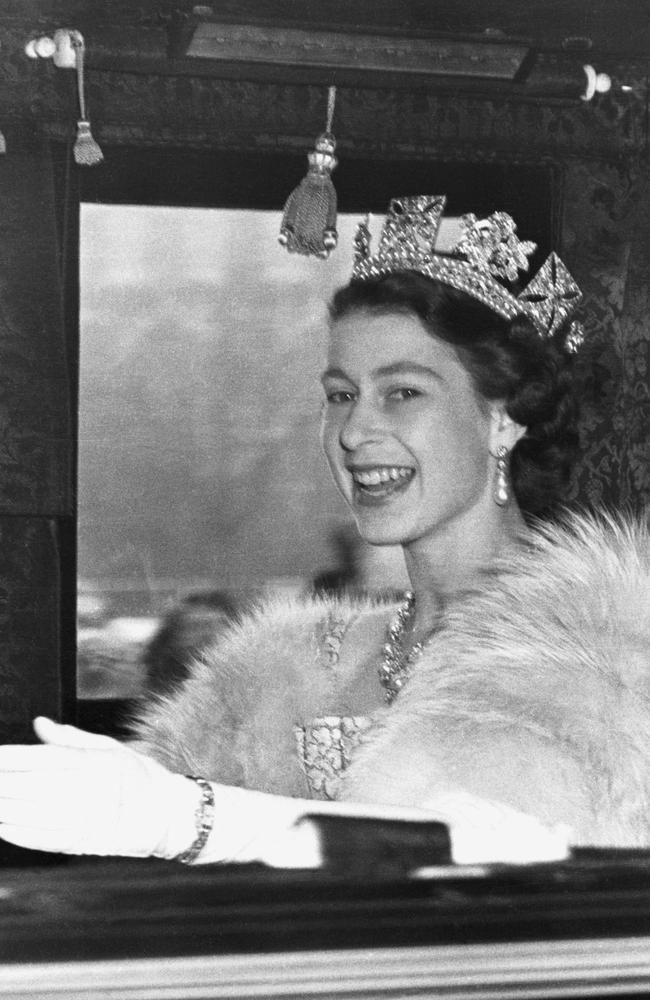 Queen Elizabeth II of England drives to Westminster to open Parliament in State in the first year of her reign. Picture: Getty