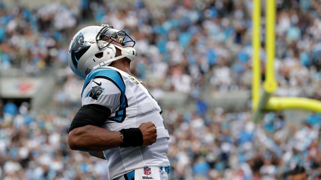 CHARLOTTE, NC - SEPTEMBER 09: Cam Newton #1 of the Carolina Panthers celebrates a touchdown against the Dallas Cowboys in the second quarter during their game at Bank of America Stadium on September 9, 2018 in Charlotte, North Carolina.   Streeter Lecka/Getty Images/AFP == FOR NEWSPAPERS, INTERNET, TELCOS & TELEVISION USE ONLY ==