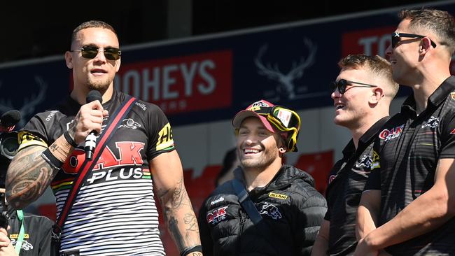 Penrith Panthers player James Fisher-Harris still wearing his playing strip at the fan meet