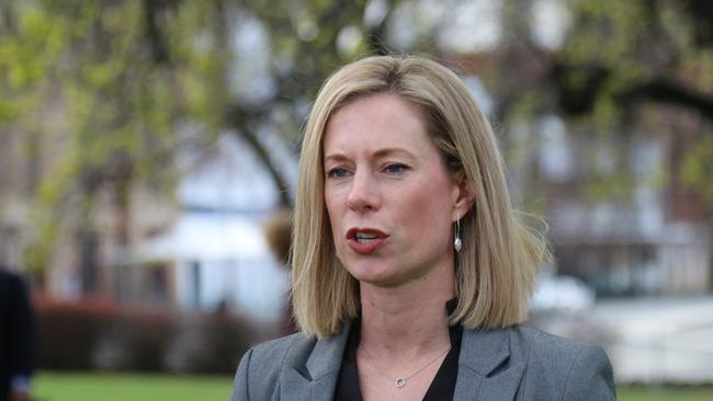 Labor leader Rebecca White speaks to the media on Parliament Lawns in Hobart on Wednesday, September 6, 2023.