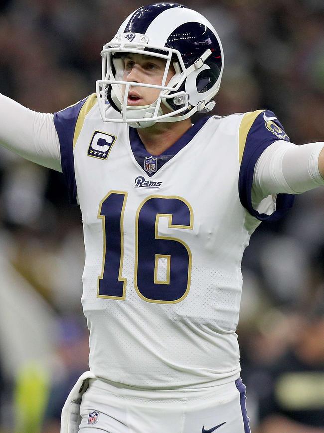 Jared Goff celebrates a touchdown against New Orleans.