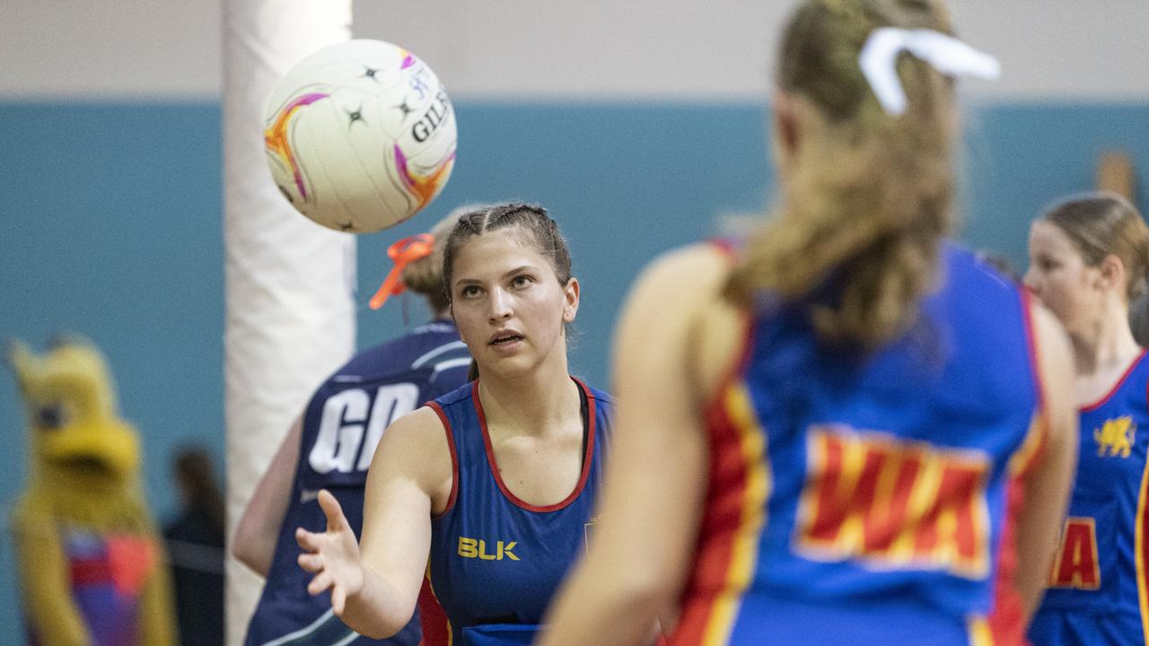 Sienna Montgomery of Downlands Junior B against St Ursula's Junior B in Merici-Chevalier Cup netball at Salo Centre, Friday, July 19, 2024. Picture: Kevin Farmer