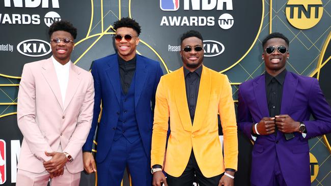 (L-R) Kostas Antetokounmpo, Giannis Antetokounmpo, Thanasis Antetokounmpo, and Alexis Antetokounmpo. Picture: Joe Scarnici/Getty Images for Turner Sports