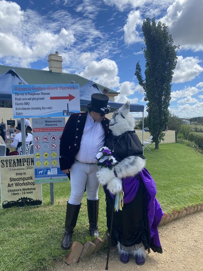 “We do this all the time”: A man and his furry friend dressed to impress at Goulburn's 2022 Steampunk Victoriana Fair. Picture: Niki Iliagoueva