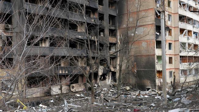 The burnt out remains of a building destroyed by Russian army shelling in the second largest Ukrainian city of Kharkiv, in the east of the country.