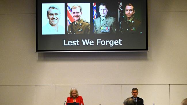 Former Justice Margaret McMurdo AC and Air Vice-Marshal Joe Iervasi AM CSC observe a minute’s silence at the start of the inquiry into the deaths of four ADF members: Captain Danniel Lyon, Lieutenant Maxwell Nugent, Warrant Officer Class Two Joseph Laycock and Corporal Alexander Naggs, who were killed when their MRH-90 Taipan helicopter crashed in July 2023 during exercise Talisman Sabre. Picture: Dan Peled / NCA NewsWire