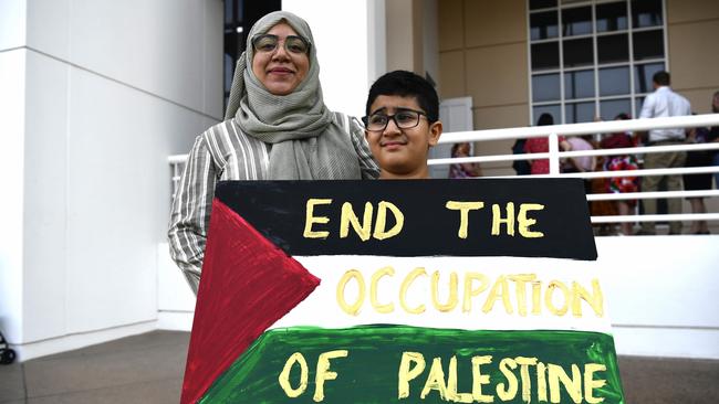 Fatemeh Akbari Nasab and her son Kyan Nazari attended a pro-Palestine protest outside of the NT Parliament house on Friday October 27 calling for a ceasefire 20-days into the Gaza conflict.