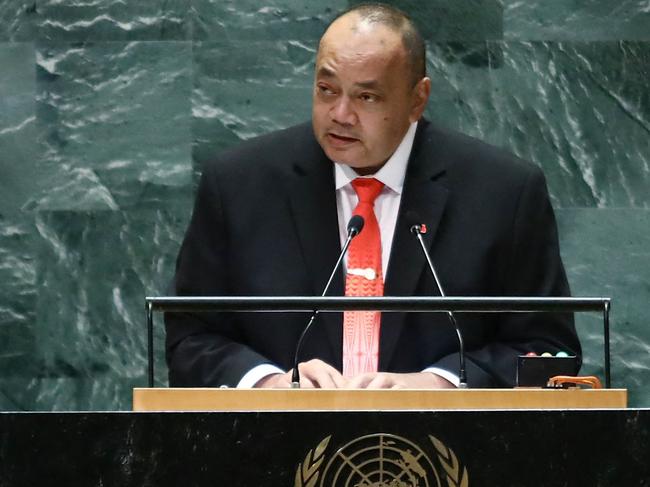 (FILES) Tonga's Prime Minister Siaosi Sovaleni speaks during the 79th Session of the United Nations General Assembly at the United Nations headquarters in New York City on September 27, 2024. Tongan Prime Minister Siaosi Sovaleni abruptly resigned on December 9, his office and parliament officials said, stepping down in the wake of a power struggle with the Pacific nation's royal family. (Photo by Leonardo Munoz / AFP)