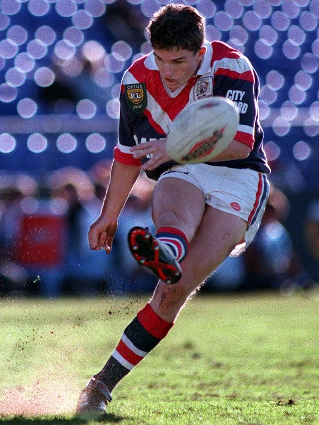 Ivan Cleary kicks a goal for the Roosters in 1996.