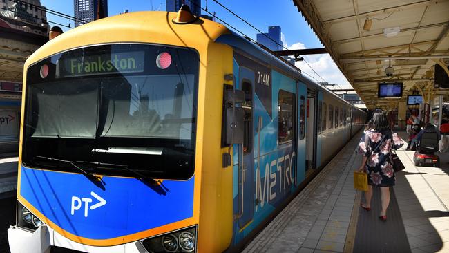 A Metro Trains service at Flinders Street Station. Picture: Tony Gough