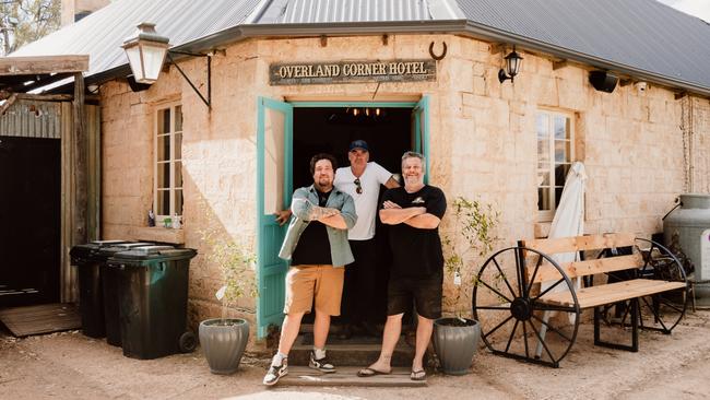 Duncan Welgemoed, Mark Best, Overland Corner Hotel Manager Brad Flowers at the historic hotel.