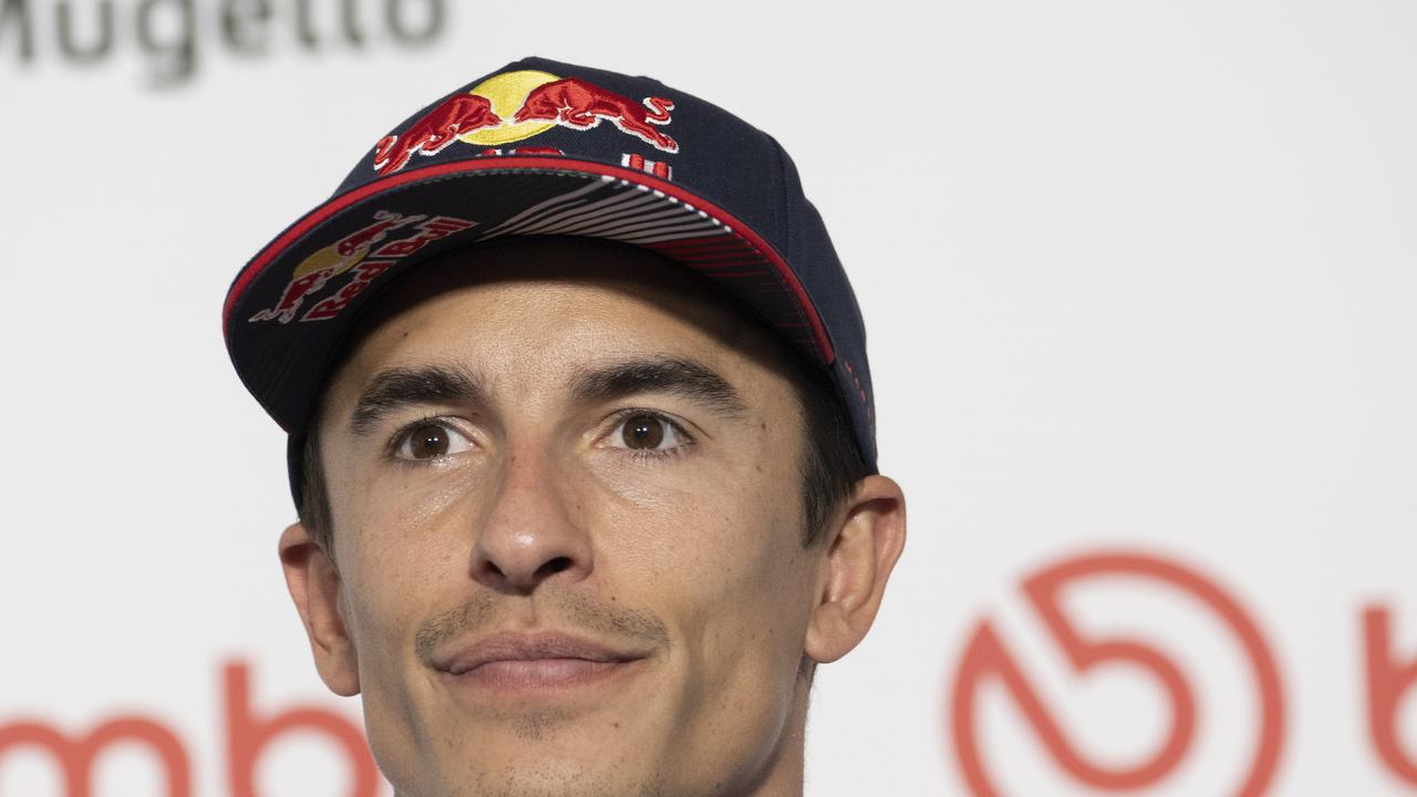 SCARPERIA, ITALY - MAY 30: Marc Marquez of Spain and Gresini Racing MotoGP smiles during the press conference during the MotoGP Of Italy - Previews at Mugello Circuit on May 30, 2024 in Scarperia, Italy. (Photo by Mirco Lazzari gp/Getty Images)