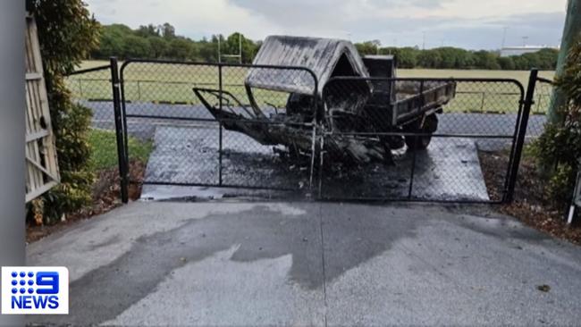 A truck found burnt out in Carrara which is believed to have been used to ram raid the Auto Barn store in Upper Coomera. Picture: Nine Gold Coast News.