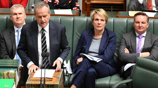 Bill Shorten in question time yesterday flanked by Tony Burke, left, and, right, Tanya Plibersek and Chris Bowen. Picture: AAP