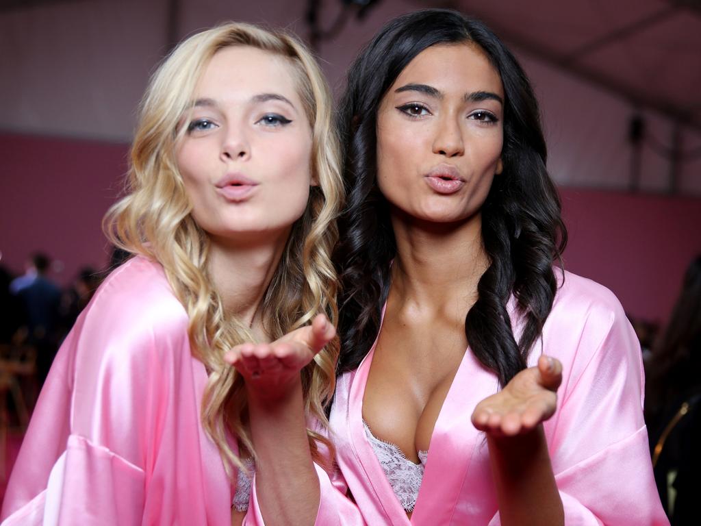 Bridget Malcolm and Kelly Gale backstage prior to the Victoria’s Secret Fashion Show on November 30, 2016 in Paris, France. Picture: Splash