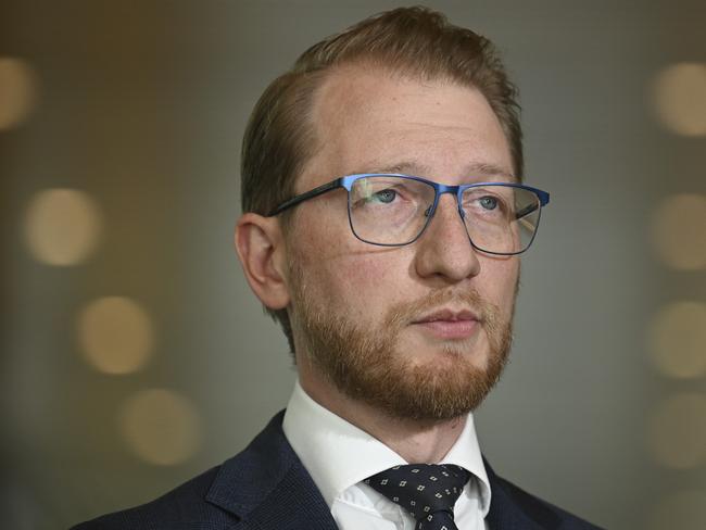 Senator James Paterson hold a press conference at Parliament House in Canberra. Picture: NewsWire / Martin Ollman