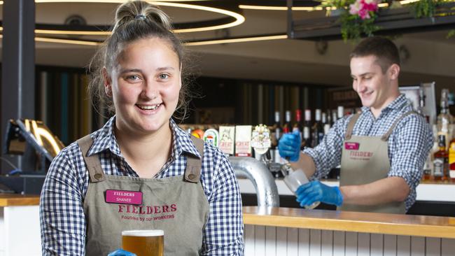 Wynnum Manly Leagues Club Group workers Shnee Brill and Zac Plath. Picture: Renae Droop