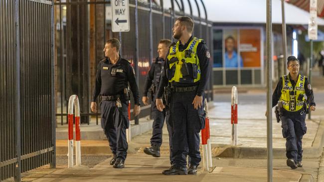 Police on patrol in Alice Springs during a snap lockdown last month after a weekend of violence. Picture: Grenville Turner