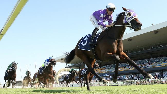 Olentia surges clear to win the Emancipation Stakes at Rosehill on March 30. Photo: Jeremy Ng / Getty Images