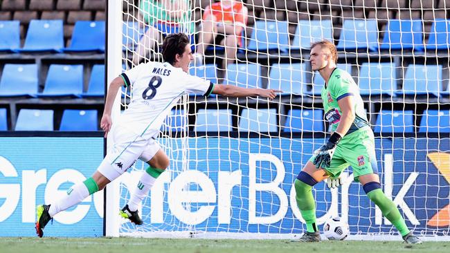 Lachlan Wales celebrates the winner for Western United against Newcastle Picture: Getty Images