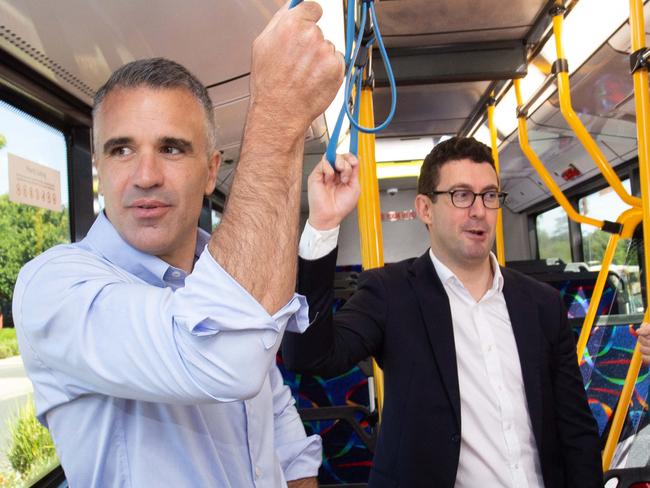 Premier Peter Malinauskas, Kavel MP Dan Cregan and Mt Barker mayor David Leach  re major investment in Hills transport to Mount Barker. 14th January 2024. Picture: Brett Hartwig