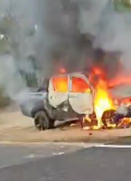 Car which earlier crashed into home bursts into flames