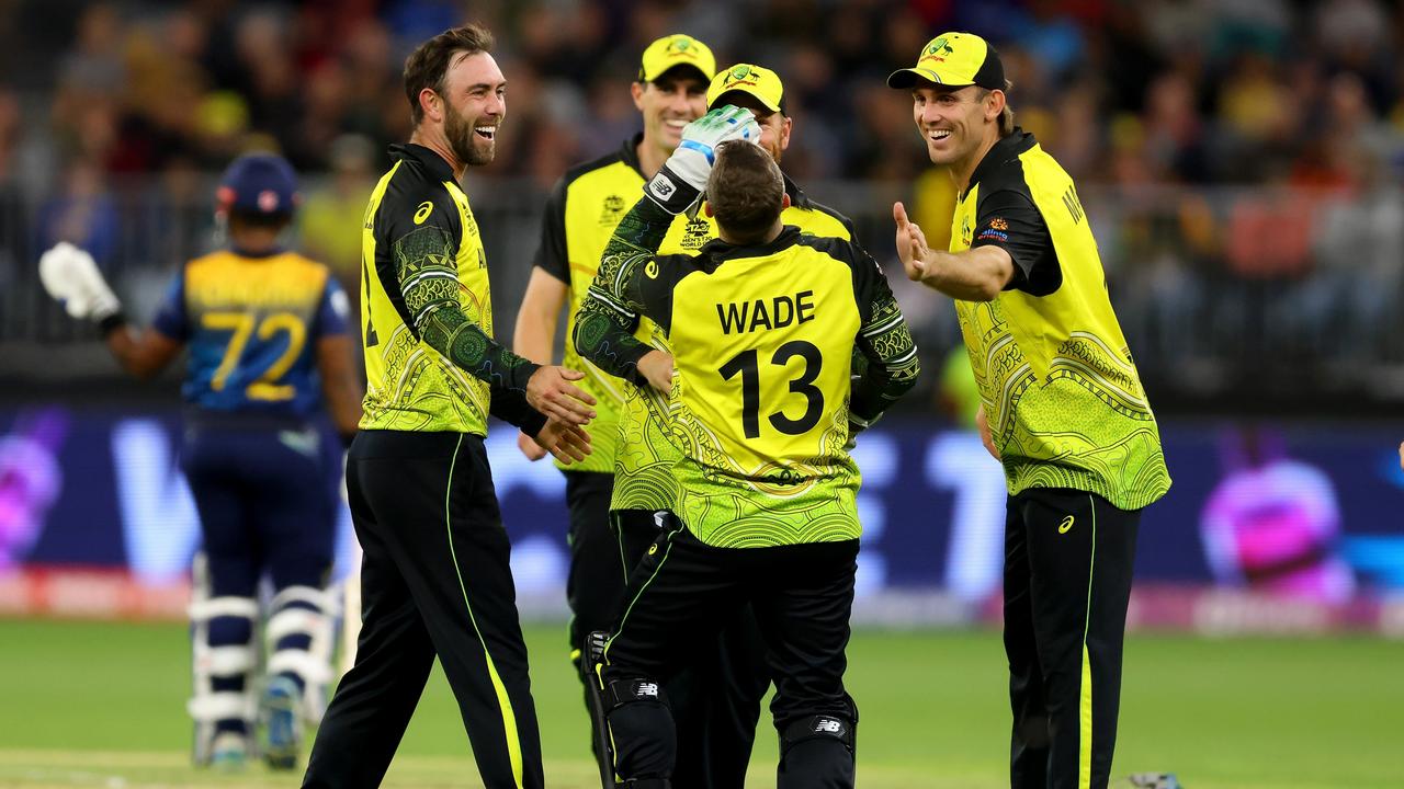 PERTH, AUSTRALIA - OCTOBER 25: Glen Maxwell of Australia celebrates his wicket during the ICC Men's T20 World Cup match between Australia and Sri Lanka at Perth Stadium on October 25, 2022 in Perth, Australia. (Photo by James Worsfold/Getty Images)