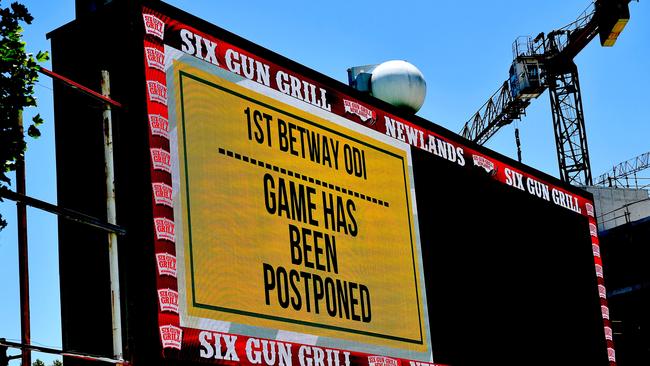 A sign at Newlands stadium in Cape Town after the first ODI between South Africa and England was postponed due to a positive coronavirus test