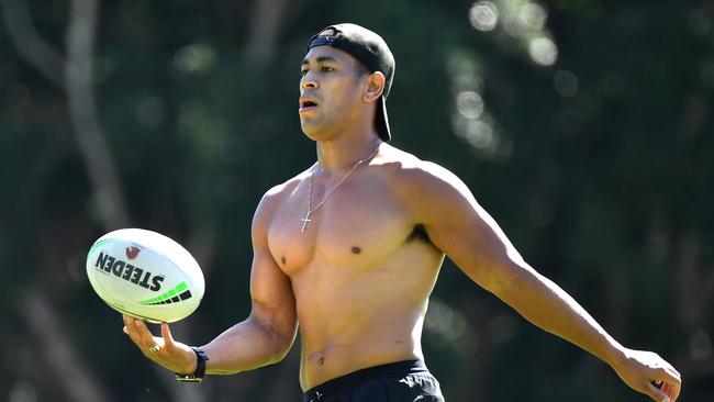 Broncos player Jamayne Isaako trains on his own at Brisbane’s Clive Berghofer Field. Picture: AAP