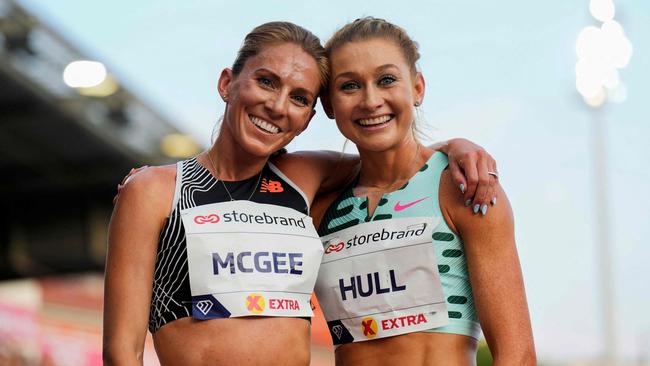 Cory Ann McGee from the US and Jessica Hull from Australia after competing in the Dream Mile 2023. Picture: Fredrik Varfjell / NTB / AFP) / Norway OUT