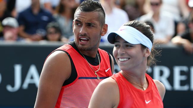 Former flames Nick Kyrgios and Ajla Tomljanovic played mixed doubles together. Picture: George Salpigtidis