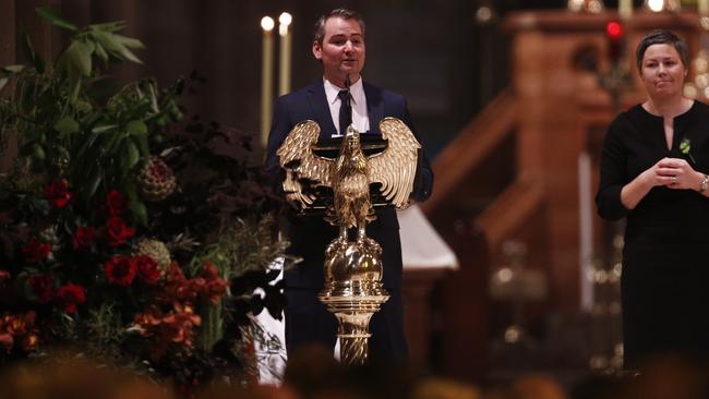 David Malaspina speaks during the state funeral for his father Sisto. Picture: Daniel Pockett/Getty Images