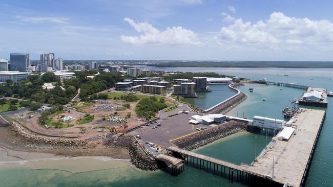 An aerial view of the largely bare Darwin Westin luxury hotel construction site at the Waterfront on Monday