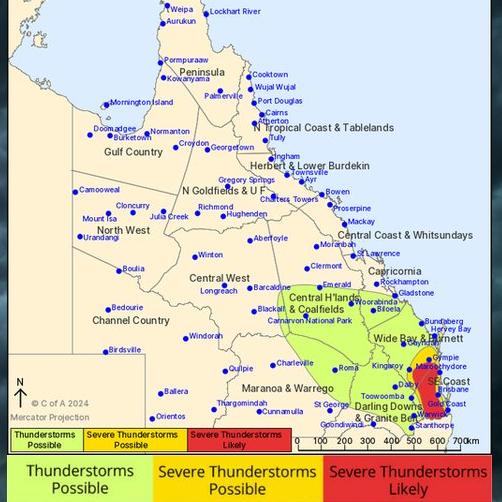 The Bureau of Meteorology's thunderstorm forecast for Tuesday shows severe storms are likely in the southeast corner of the state.