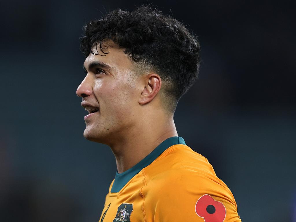 LONDON, ENGLAND - NOVEMBER 09: Joseph-Aukuso Suaalii of Australia looks after their victory during the Autumn Nations Series 2025 match between England and Australia at Allianz Twickenham Stadium on November 09, 2024 in London, England. (Photo by David Rogers/Getty Images)