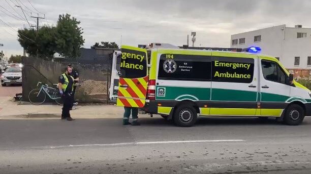 A cyclist was knocked off her bike and taken to the RAH after a collision with a car at Hindmarsh. Picture: Bryce Heaton/Nine News Adelaide.