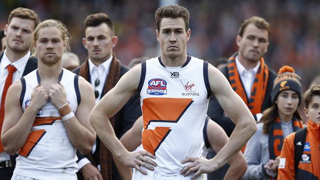 MELBOURNE, AUSTRALIA - SEPTEMBER 28: Jeremy Cameron of the Giants looks dejected during the 2019 AFL Grand Final match between the Richmond Tigers and the Greater Western Sydney Giants at Melbourne Cricket Ground on September 28, 2019 in Melbourne, Australia. (Photo by Ryan Pierse/AFL Media/via Getty Images )