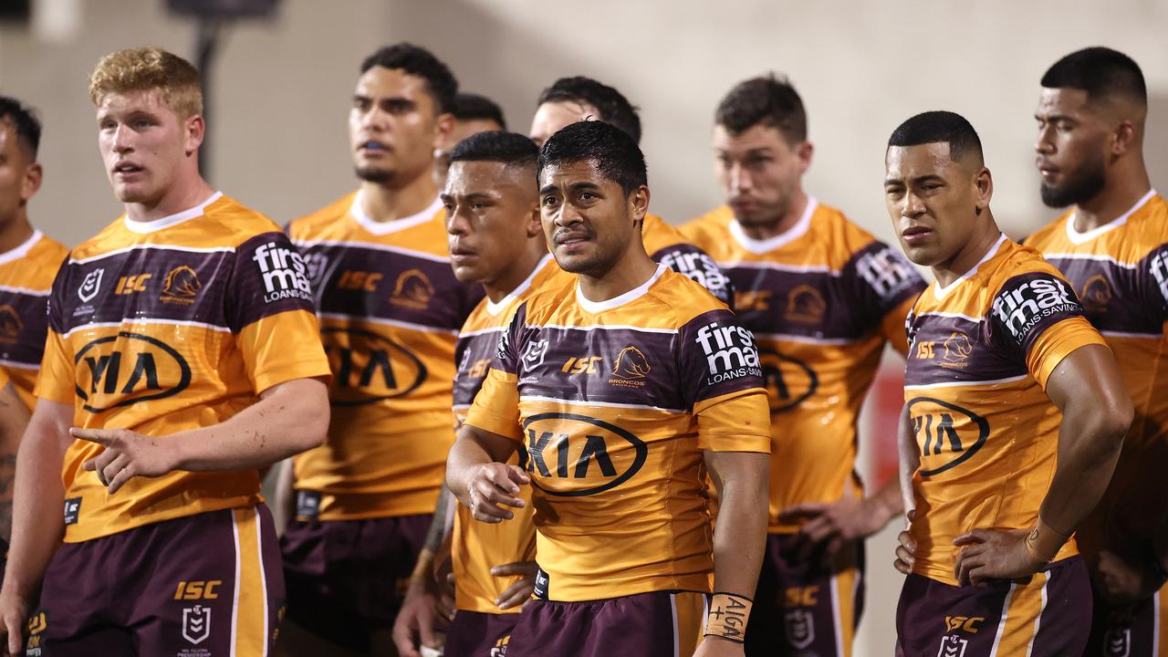 The Broncos look dejected during the round 10 NRL match against the Wests Tigers